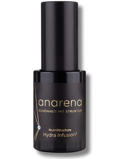 Anarena Hydra Infusion – feuchtigkeitsspendendes Serum in einer edlen schwarzen Verpackung mit goldenen Akzenten.