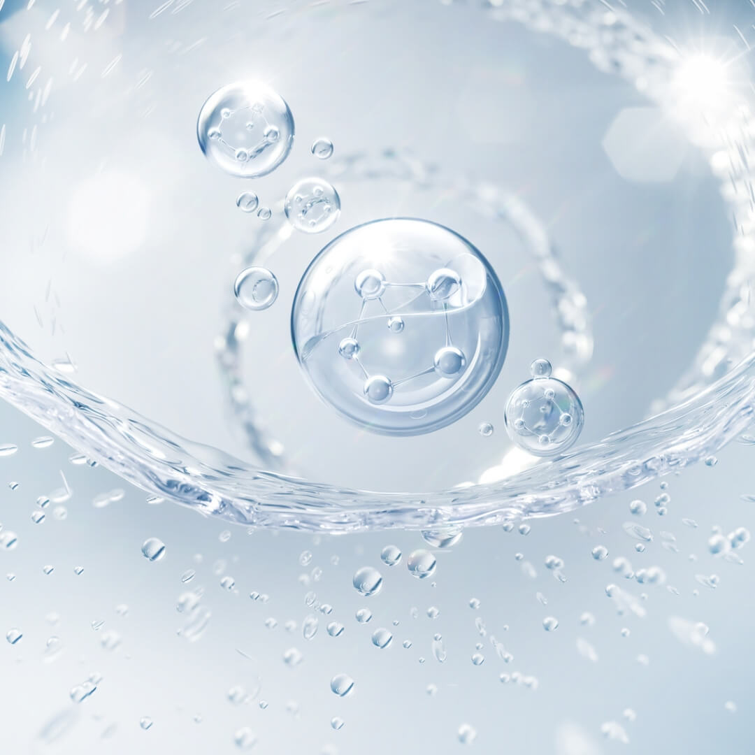 Kosmetische Essenz, Flüssigblase, Molekül in der Flüssigkeitsblase auf Wasserhintergrund, 3D-Rendering 